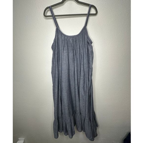 Vetiver Blue Gray Denim Round Braided Neckline & Strap Ruffle Dress 4 - Picture 3 of 12